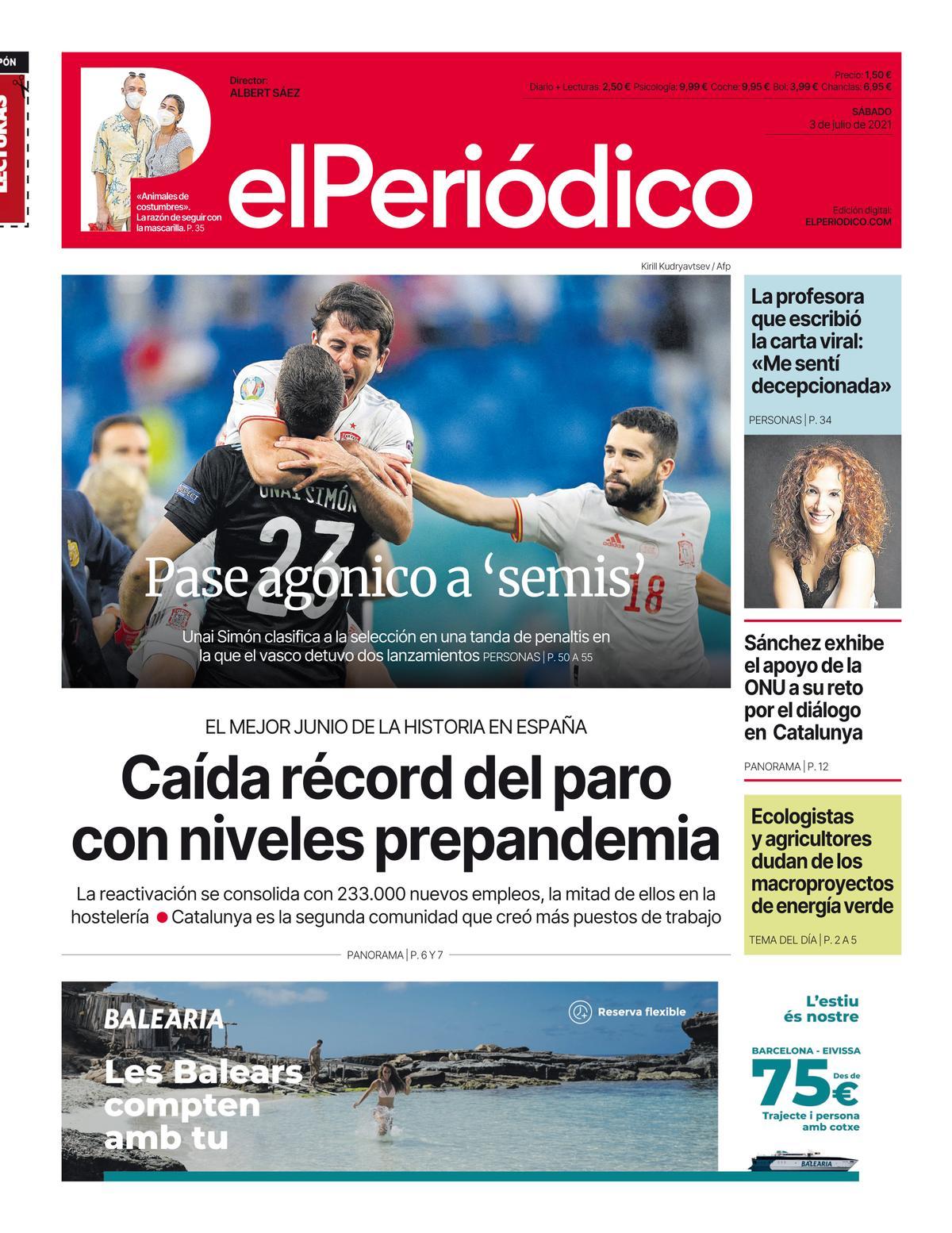 La portada d’EL PERIÓDICO del 3 de juliol del 2021