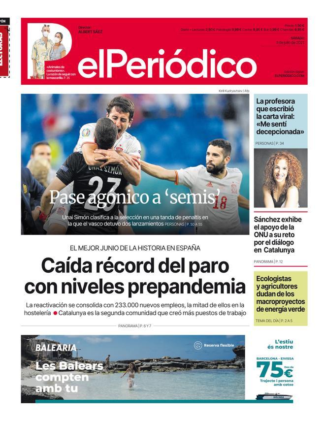 La portada d’EL PERIÓDICO del 3 de juliol del 2021