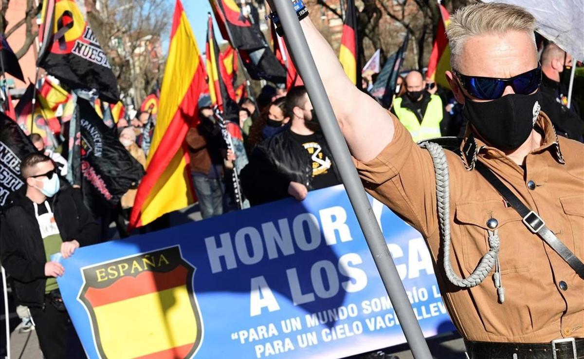 Marcha neonazi en homenaje a los caídos de la División Azul en Madrid, el sábado 13 de febrero del 2021.