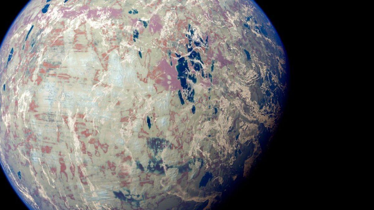 Con un catálogo de colores basado en los microbios de la Tierra, los astrónomos pueden buscar firmas biológicas en exoplanetas distantes y congelados, como se muestra en esta representación artística.