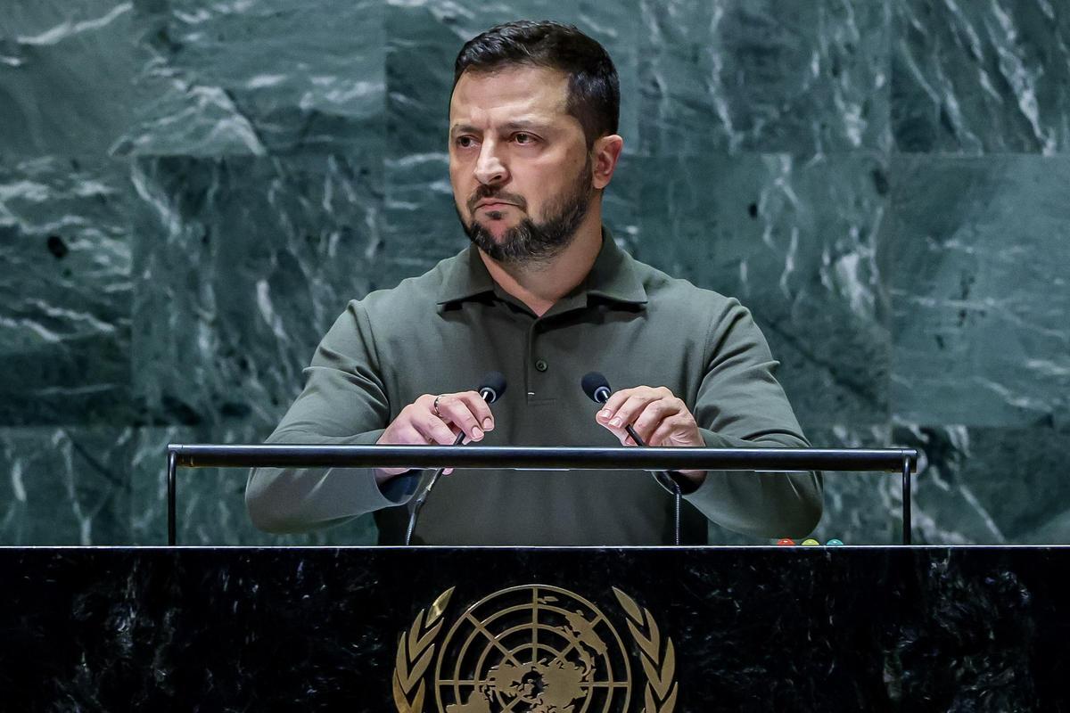 El presidente de Ucrania, Volodimir Zelenski, habla durante la Asamblea General de la ONU, en Nueva York. El presidente de Ucrania, Volodimir Zelenski, habla durante la Asamblea General de la ONU, en Nueva York.