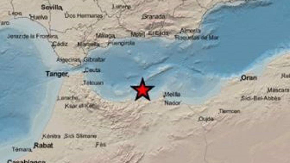 La estrella roja señala el epicentro del terremoto en el mapa del Instituto Geográfico Nacional (IGN).