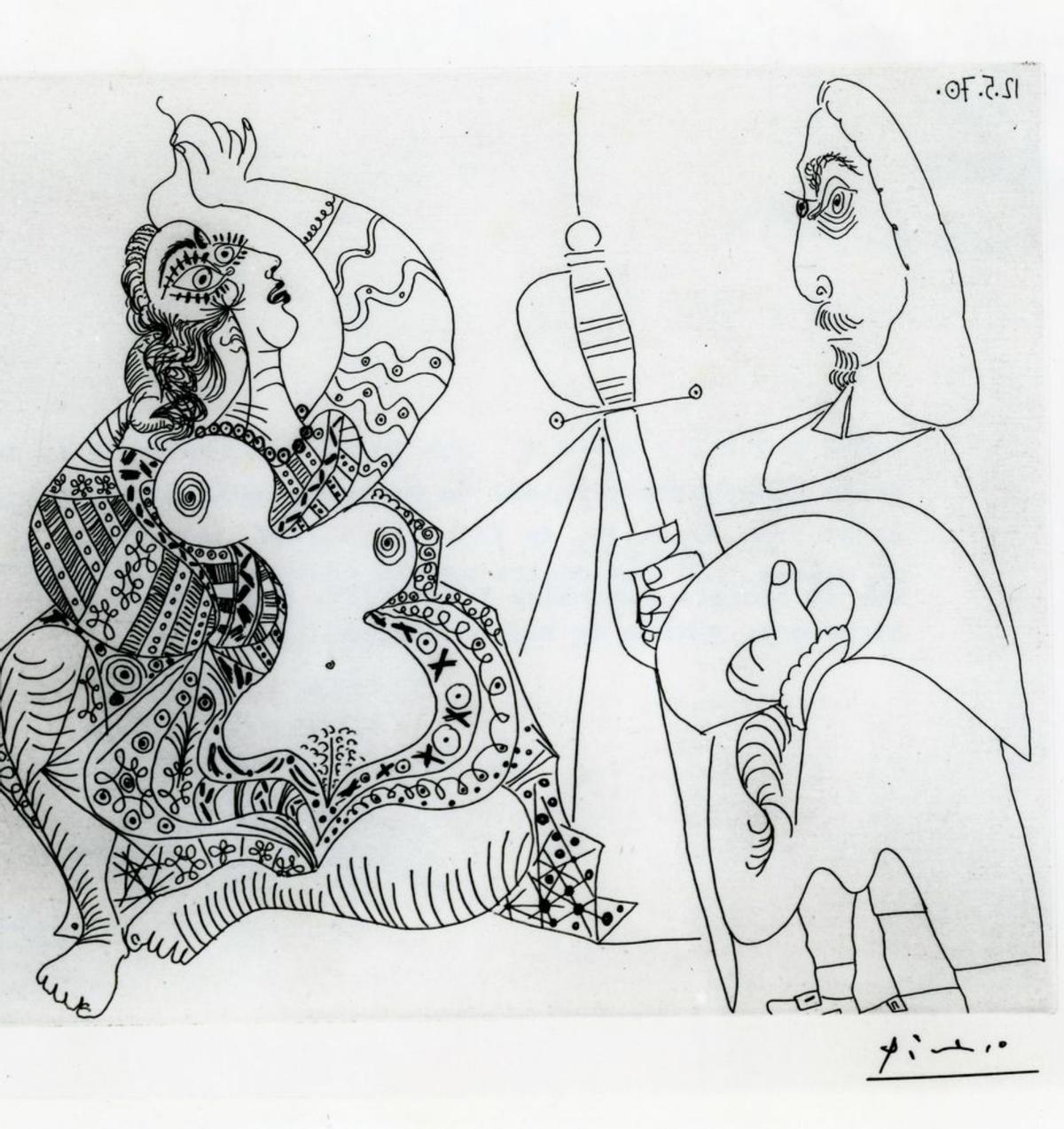 Grabado de Pablo Picasso: &quot;Sin título (Mosquetero y odalista-medusa)&quot;, 1970. Colección del Museo de Bellas Artes de Asturias.