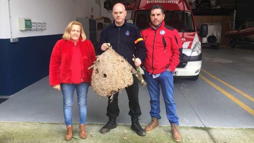 La concejal de Seguridad y efectivos de Protección Civil con el nido.