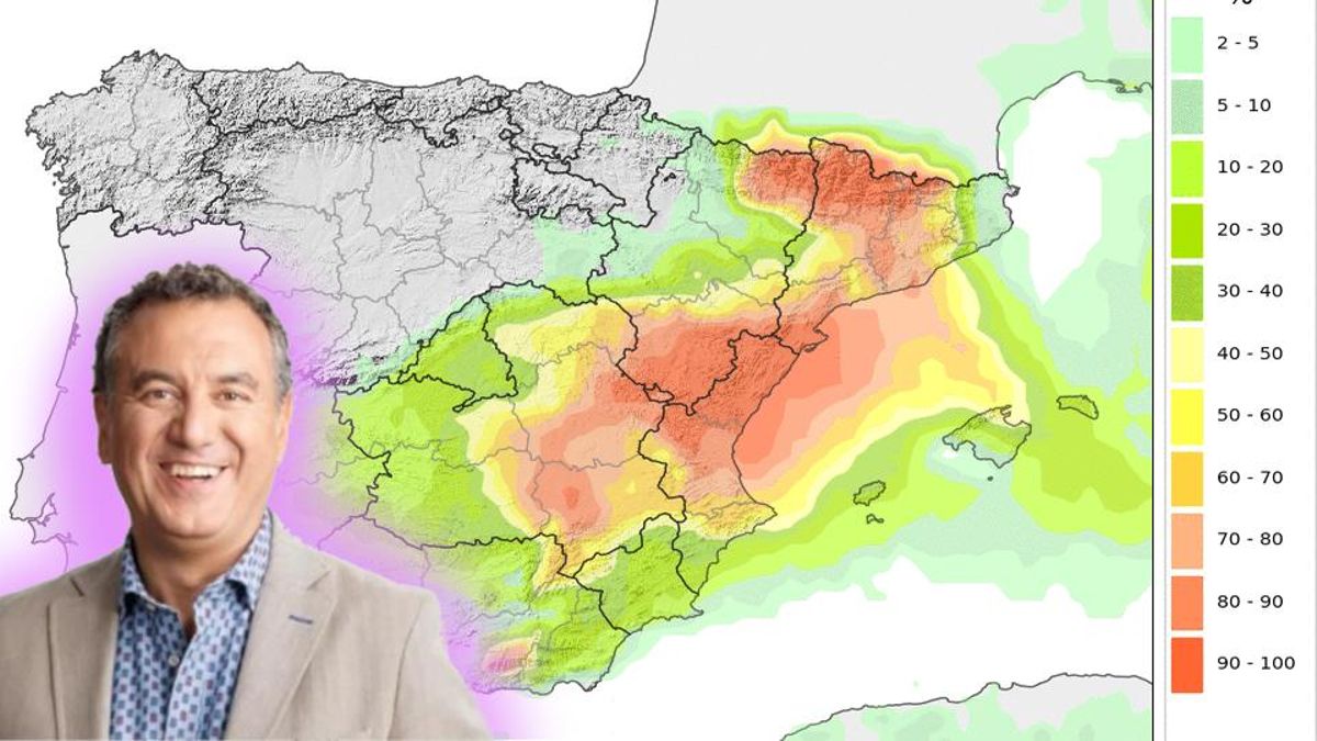 Mapa probabilístico de la Aemet sobre chubascos fuertes del miércoles 18 de septiembre