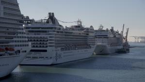 Varios cruceros de la empresa MSC atracados en Barcelona.