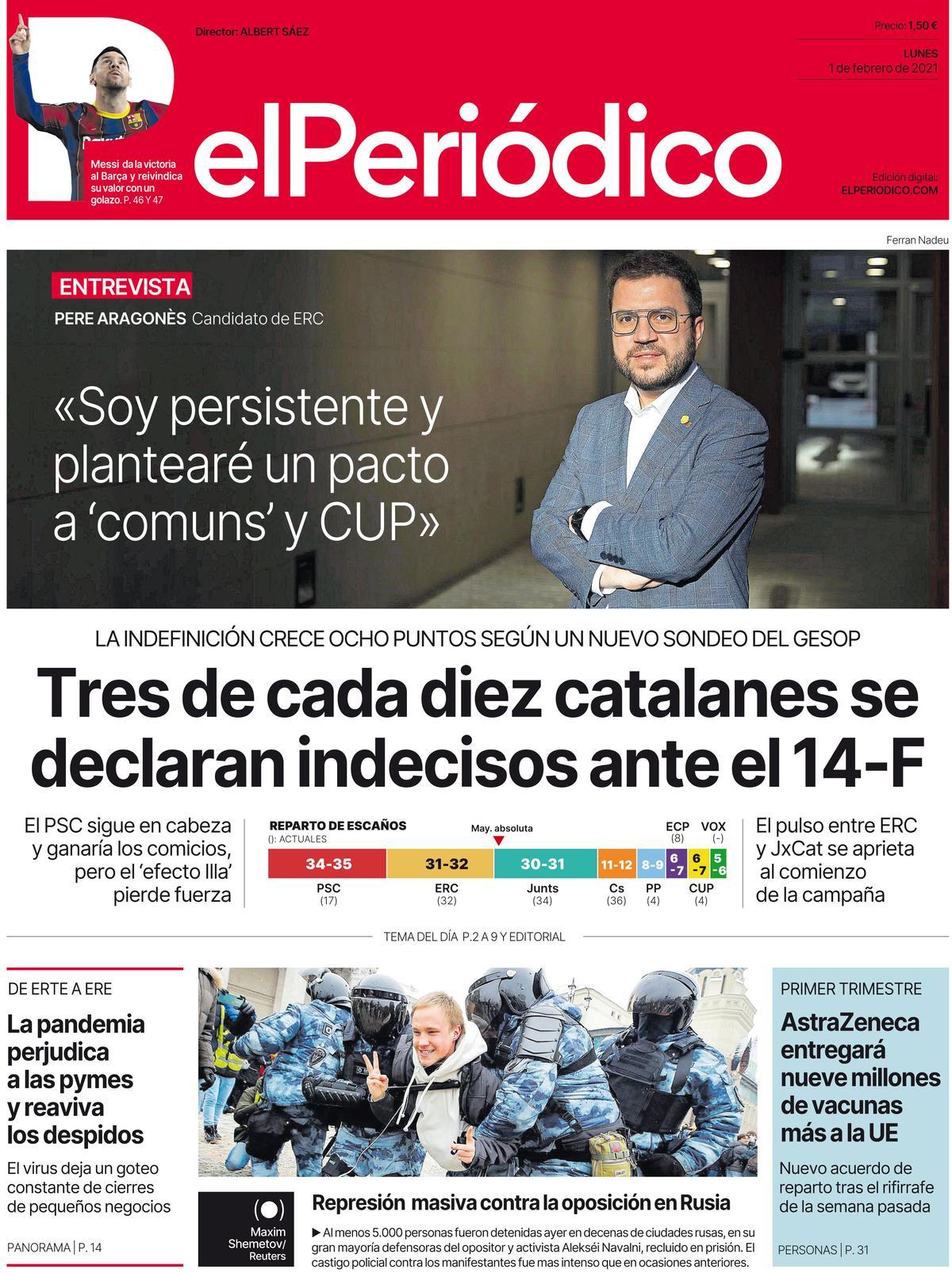 La portada d’EL PERIÓDICO de l’1 de febrer del 2021