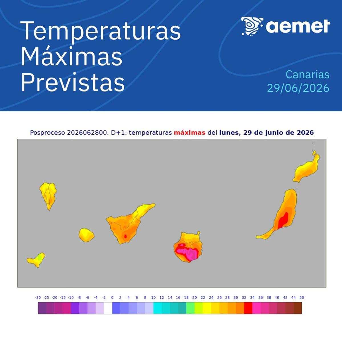 Mapa con las temperaturas máximas.