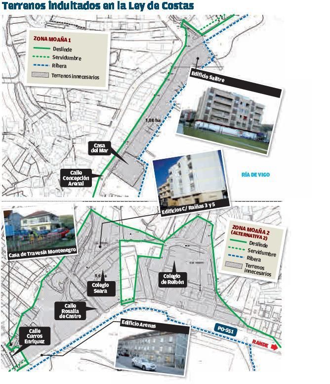 Croquis con las dos zonas a desafectar por la reforma de la ley de Costas de 2013 en Moaña