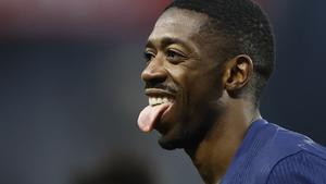 Ousmane Dembélé celebra uno de sus tres goles al Brest.