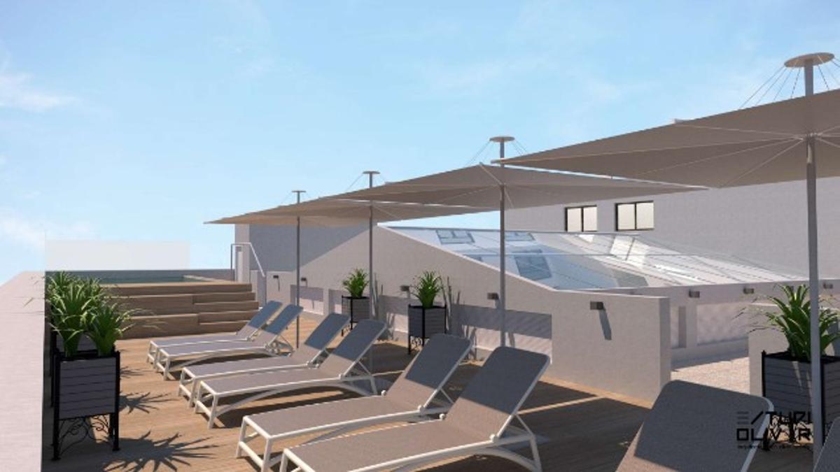 La azotea, con el solarium y la piscina, junto al lucernario.