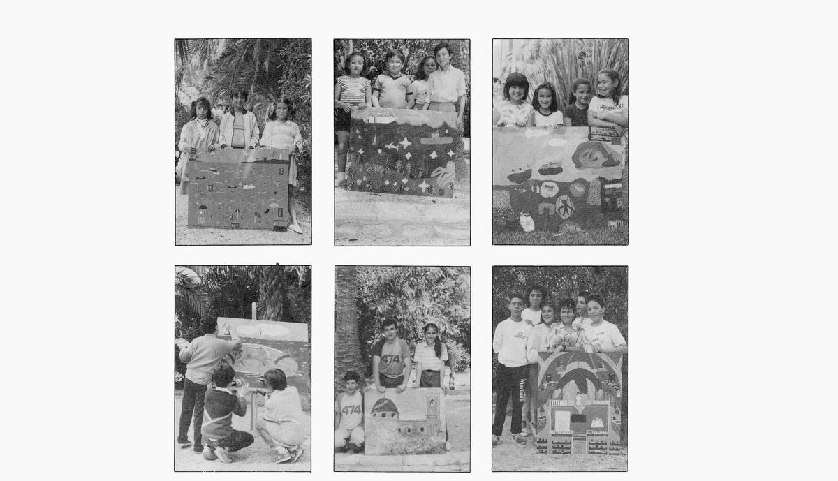 Grupos de alumnos con sus trabajos. información