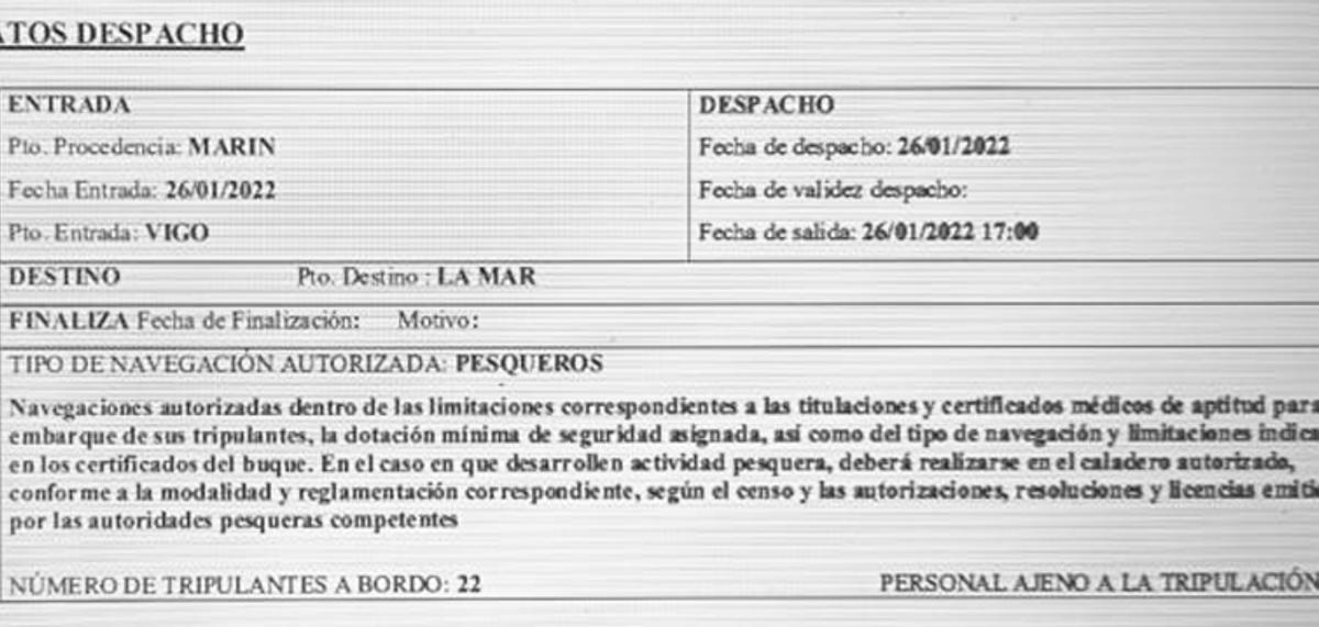 El despacho del buque, con datos falsos.