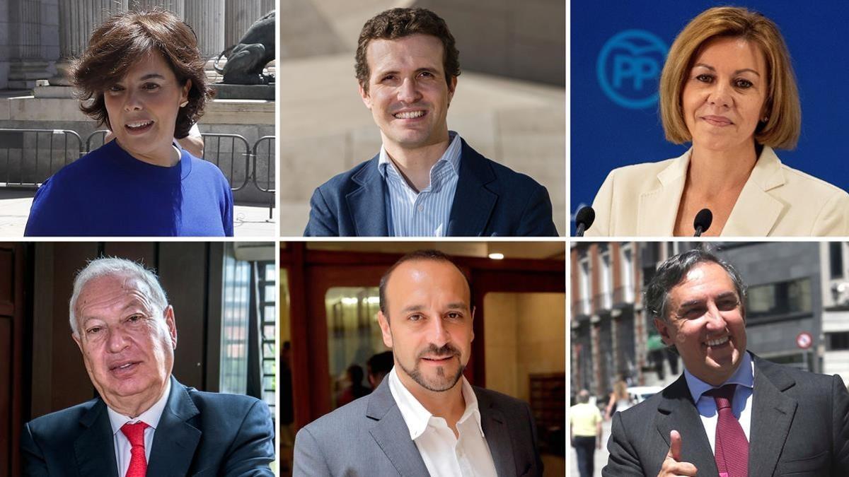 Candidatos a la presidencia del PP, de izquierda a derecha y de arriba a abajo: Santamaría, Casado, Cospedal, García-Margallo, Cabanes y García-Hernández.