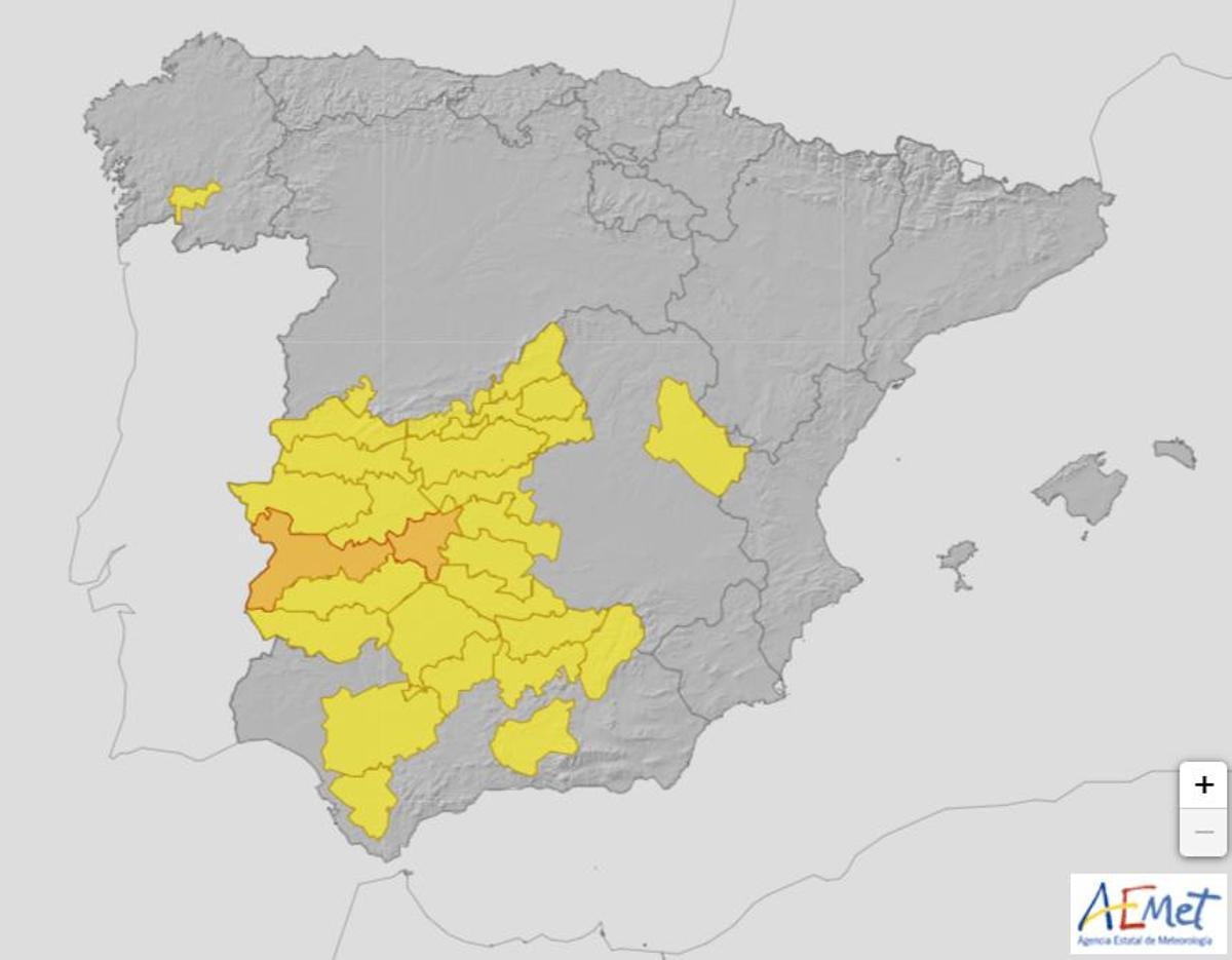 Mapa de alertas por calor de la AEMET para hoy, lunes 22 de julio a las 17:00