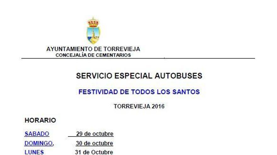 Horario de refuerzo de autobuses al cementerio en Torrevieja  hasta el martes