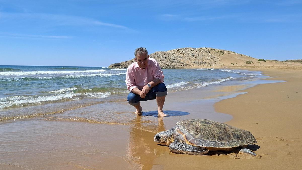 El consejero Juan María Vázquez, junto al ejemplar de tortuga boba liberado en la playa de Calblanque