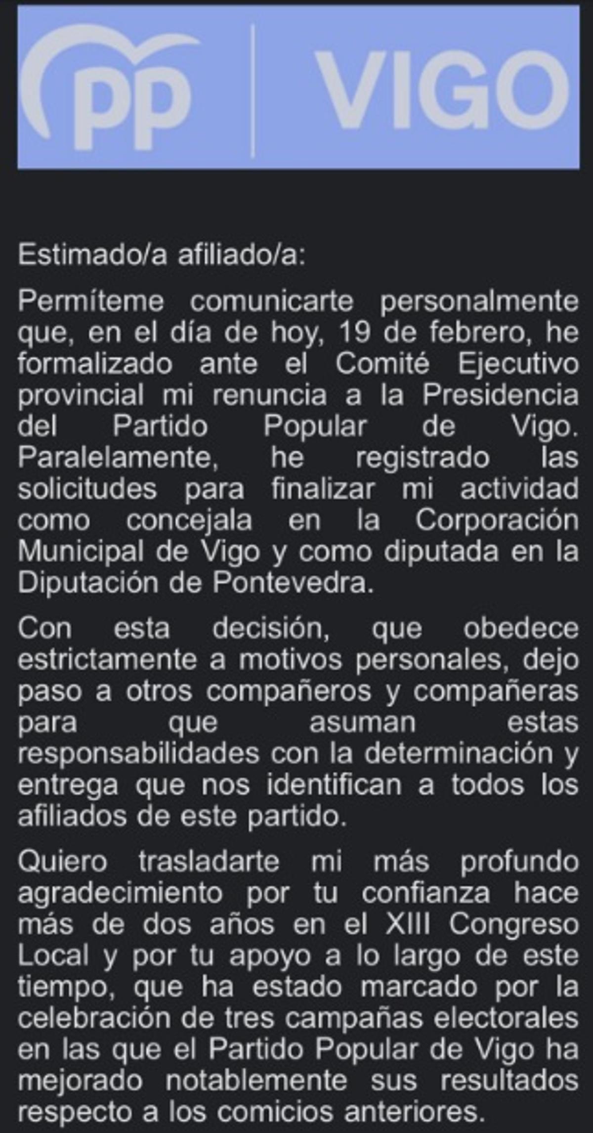Carta de Marta Fernández-Tapias a los militantes del PP de Vigo.