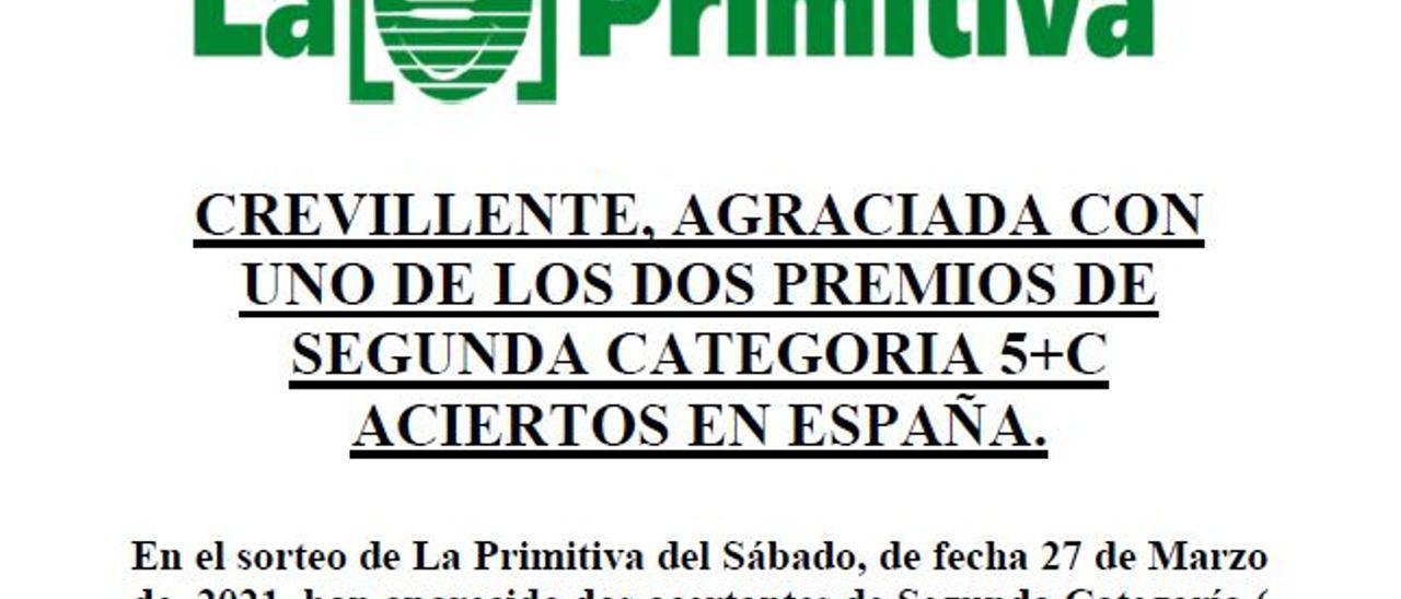 LAE, informando del premio de la Primitiva en Crevillent