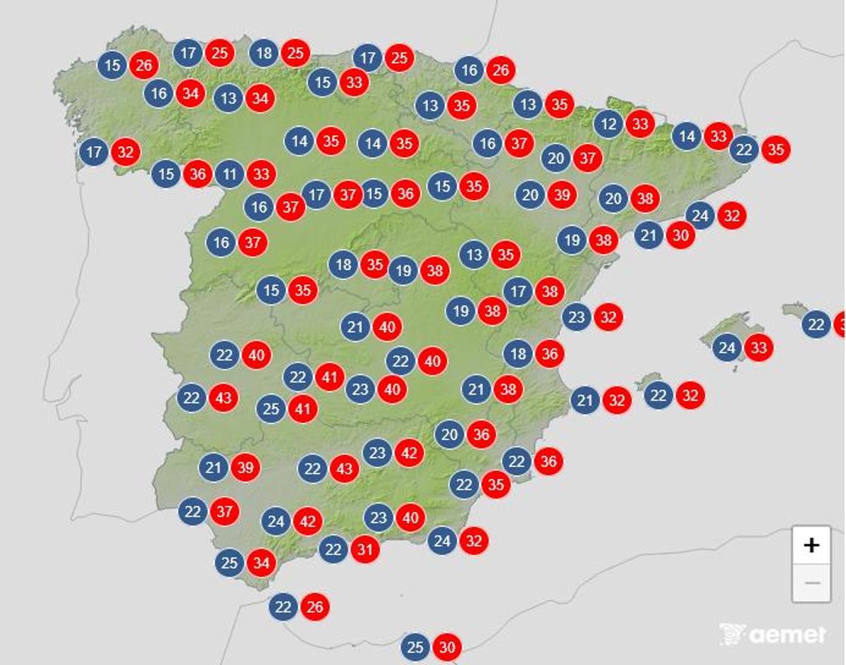 Máximas y mínimas previstas para el jueves en la Península y Baleares