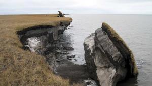 Bloque colapsado de permafrost rico en hielo a lo largo de Drew Point, Alaska.