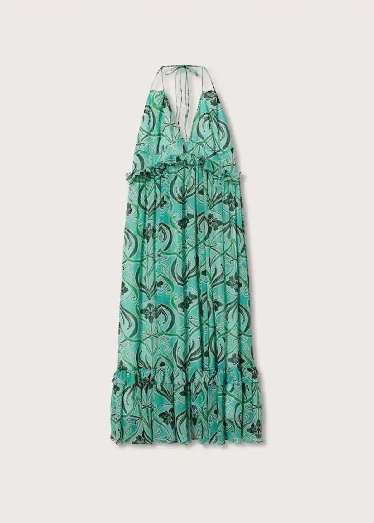 Vestido de invitada de boda verde estampado con tirantes finos y volante de Mango
