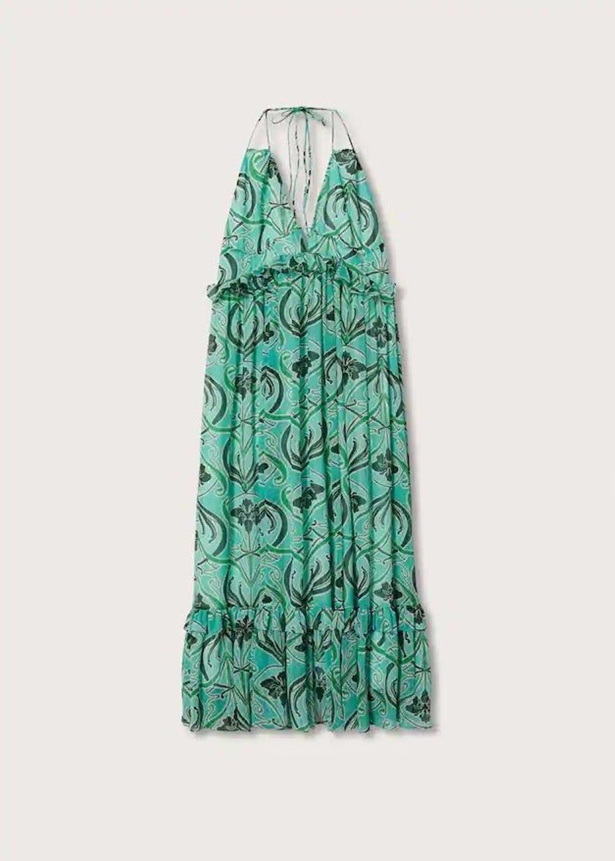 Vestido de invitada de boda verde estampado con tirantes finos y volante de Mango