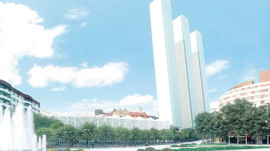 Reconstrucción virtual de las tres torres y el centro comercial proyectados para la parcela por Santiago Calatrava en 2007.