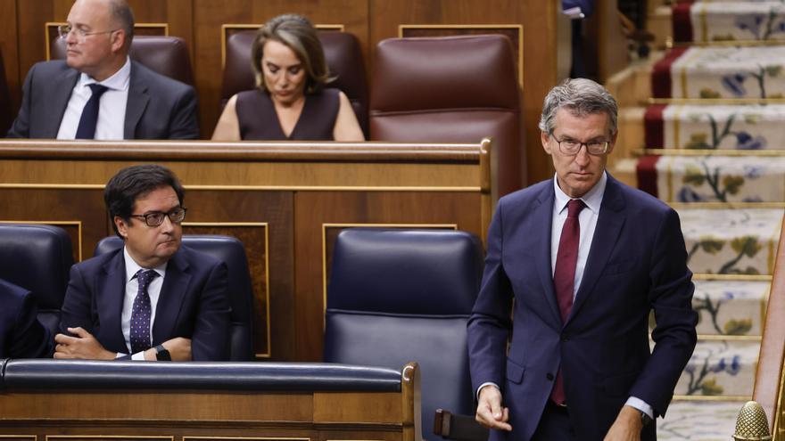 El líder del PP, Alberto Núñez Feijóo, durante la sesión de control al Gobierno celebrada este miércoles en el Congreso.