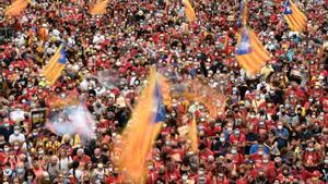 Un aspecto de la manifestación de la Diada, con gente enarbolando ’estelades’.