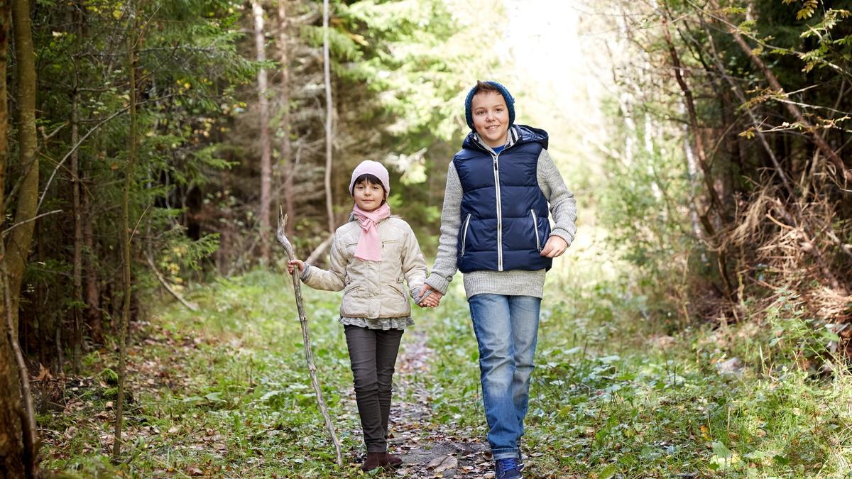 dos hermanos felices caminando por el sendero del bosque