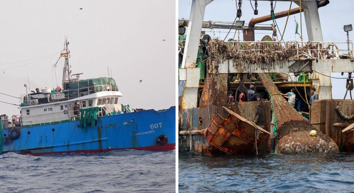 A la izquierda, el «Long Xiang 607», con licencia suspendida por pesca ilegal. A la dcha., buque extranjero en aguas de Senegal