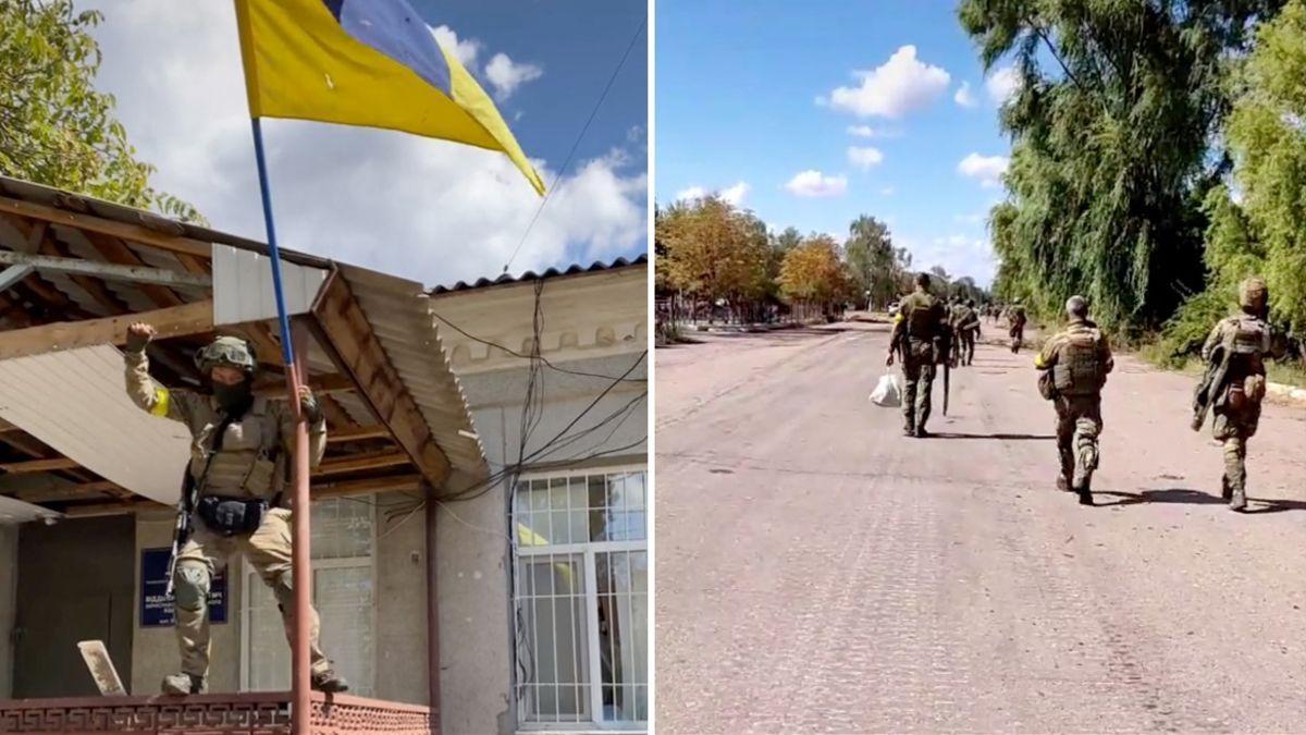 (Izquierda) Un soldado ucraniano blande la bandera nacional en el pueblo de Vysokopillya, en la región de Jersón - (Derecha) soldados ucranianos avanzando.