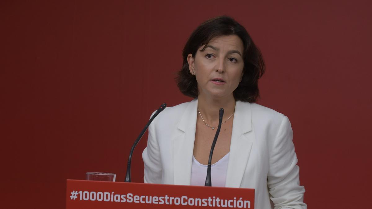 La viceprimera secretaria del PSC, Eva Granados, el pasado 30 de agosto de 2021 tras la reunión del comité organizador del 40º Congreso Federal del PSOE, en Ferraz.