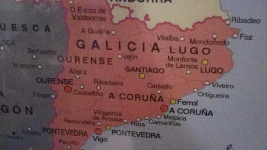 El mapa que sitúa las ciudades y pueblos gallegos en Cataluña.