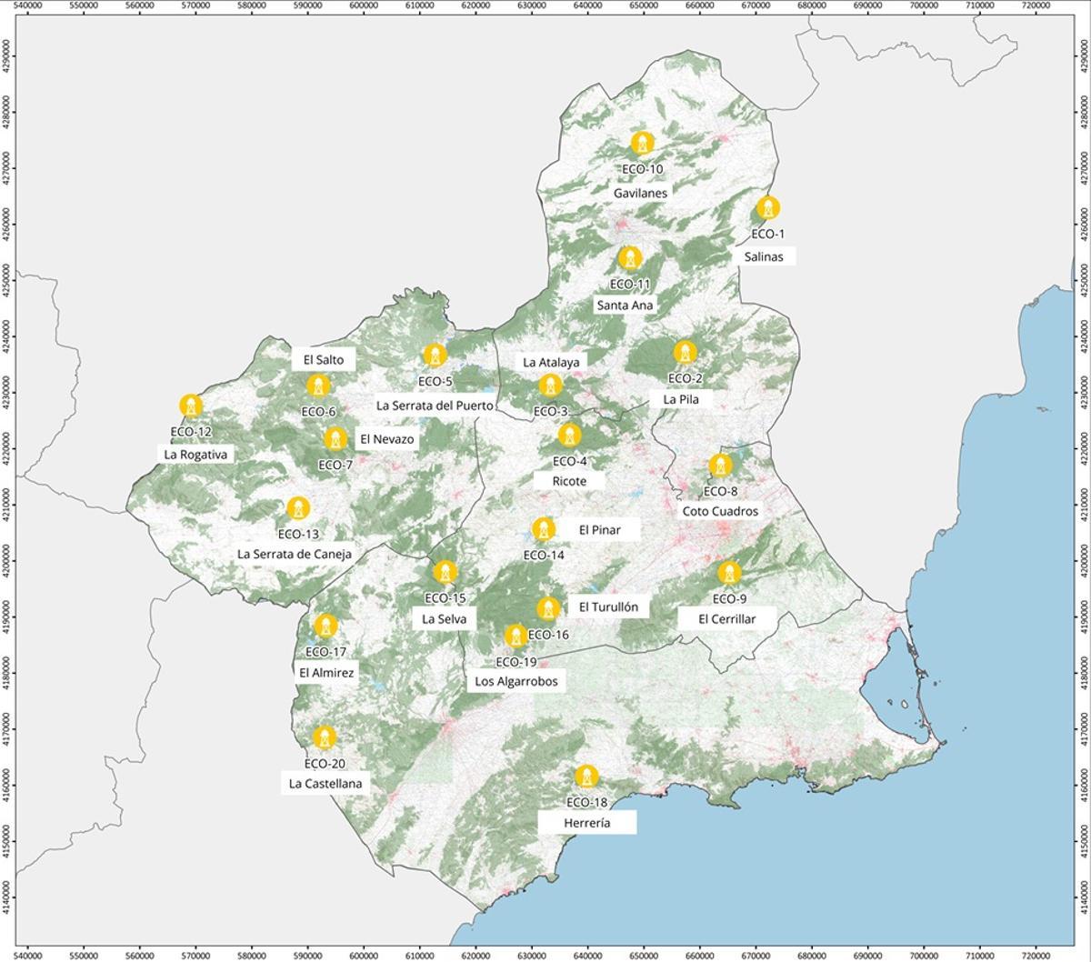 Mapa con la red de puntos eco en la Región de Murcia