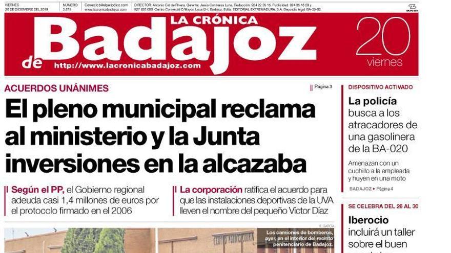 Esta es la portada de LA CRÓNICA DE BADAJOZ correspondiente al día 20 de diciembre del 2019