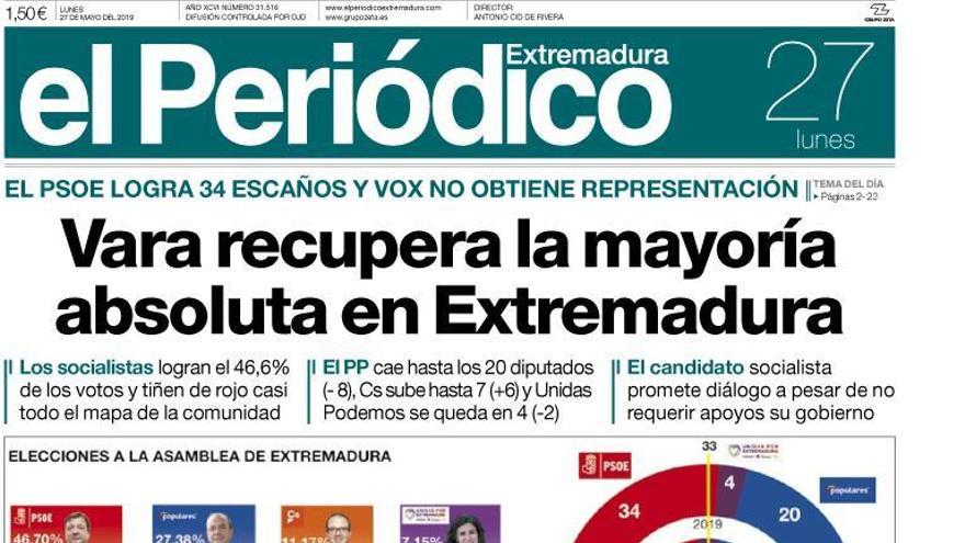 Esta es la portada de EL PERIÓDICO EXTREMADURA correspondiente al día 27 de mayo del 2019