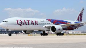 qatar airways boeing 777-300er a7-bae in special fc barcelona livery