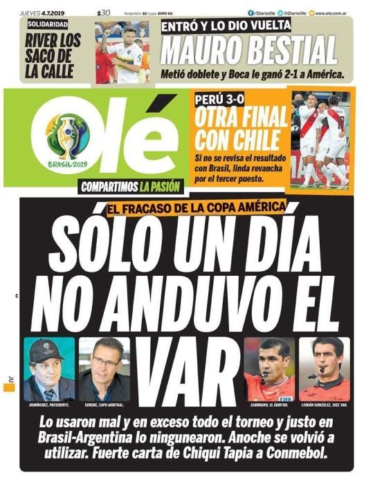 Portada OLÉ jueves 4 de julio 2019