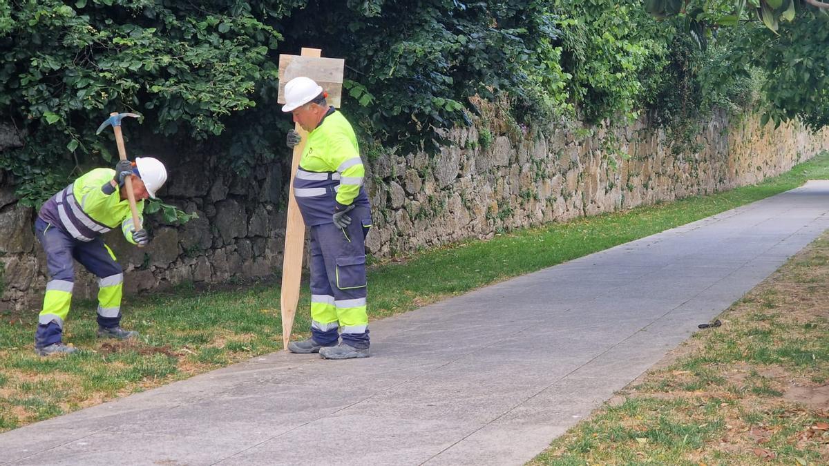 Dos de los operarios, cerrando el paseo paralelo a la finca del pazo de Vista Alegre.