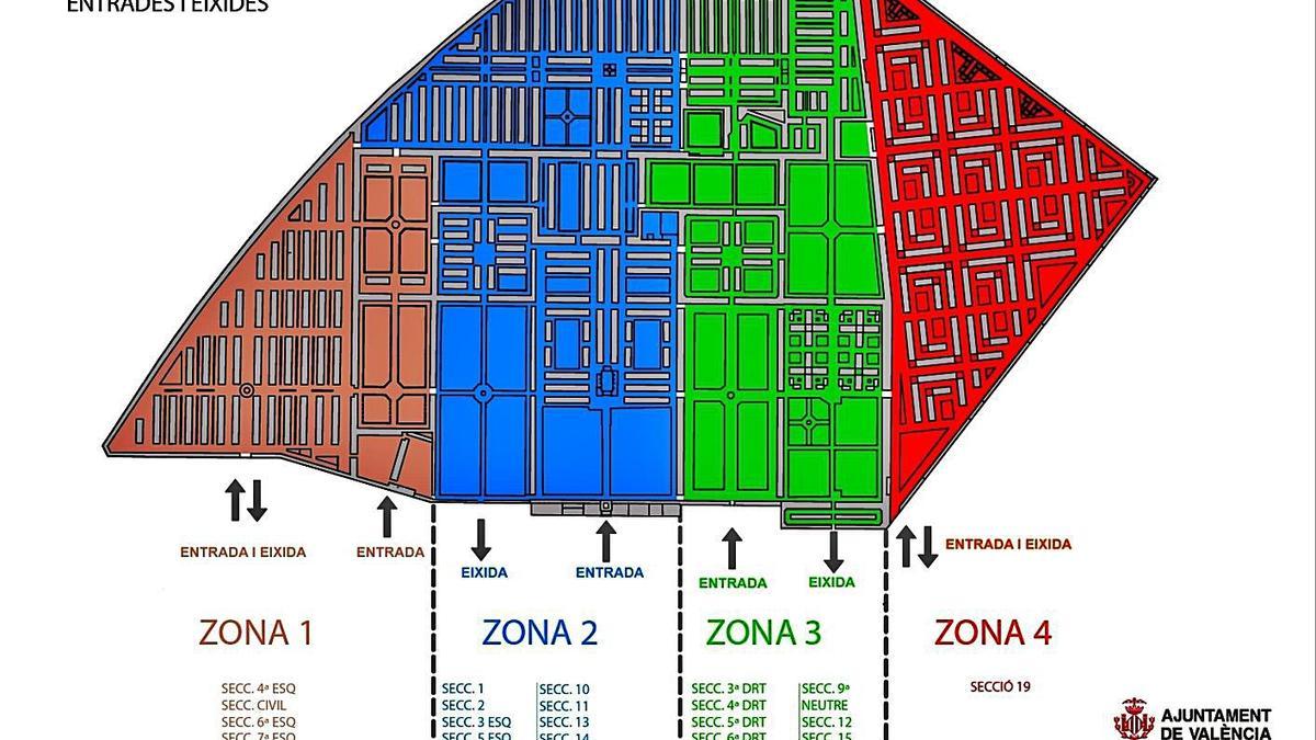 Mapa con las cuatro zonas estancas del Cementerio General de València.