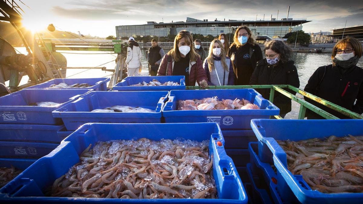 Barcelona 04/11/2021 Turismo pesquero con la bióloga marina Anna Bozano. Visita divulgativa a la lonja para concienciar sobre la manera de elegir el pescado que comemos. El Peix Al Plat, se llama el proyecto En la foto la zona de reparación de artes de pesca Foto de Ferran Nadeu