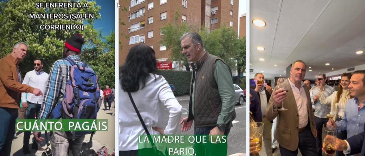 Tres momentos del candiato madrileño de Vox Javier Ortega-Smith en TikTok. Abroncando a manteros, lamentando la delincuencia en un barrio y festejando con amigos de Cáceres.