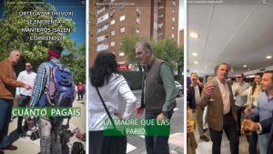 Tres momentos del candidato madrileño de Vox, Javier Ortega-Smith, en TikTok. Abroncando a manteros, lamentando la delincuencia en un barrio y festejando con amigos de Cáceres.