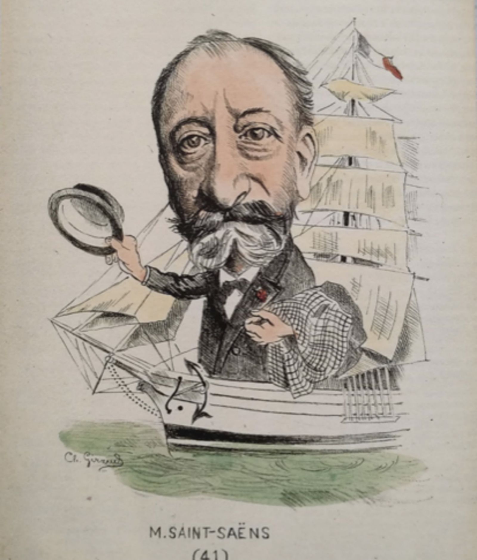 Caricatura del Saint-Saëns viajero realizada en 1890 por Giraud Charles. | | LP/DLP