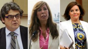 Jorge Moragas, Alicia Sánchez-Camacho y Soraya Sáenz de Santamaría, tres de los dirigentes del PP que JxSí quiere que comparezcan en la comisión de investigación sobre la ’operación Cataluña’.