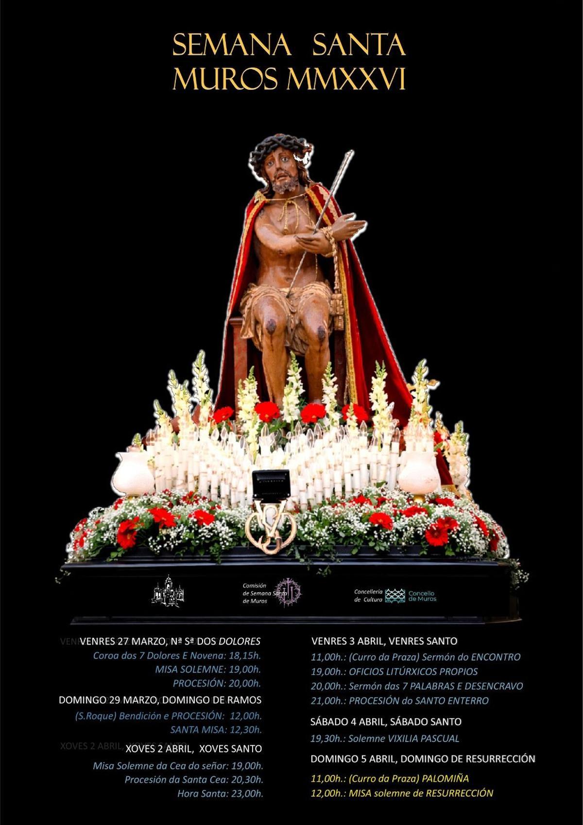 Cartel promocional dos actos litúrxicos da Semana Santa de Muros 2026.