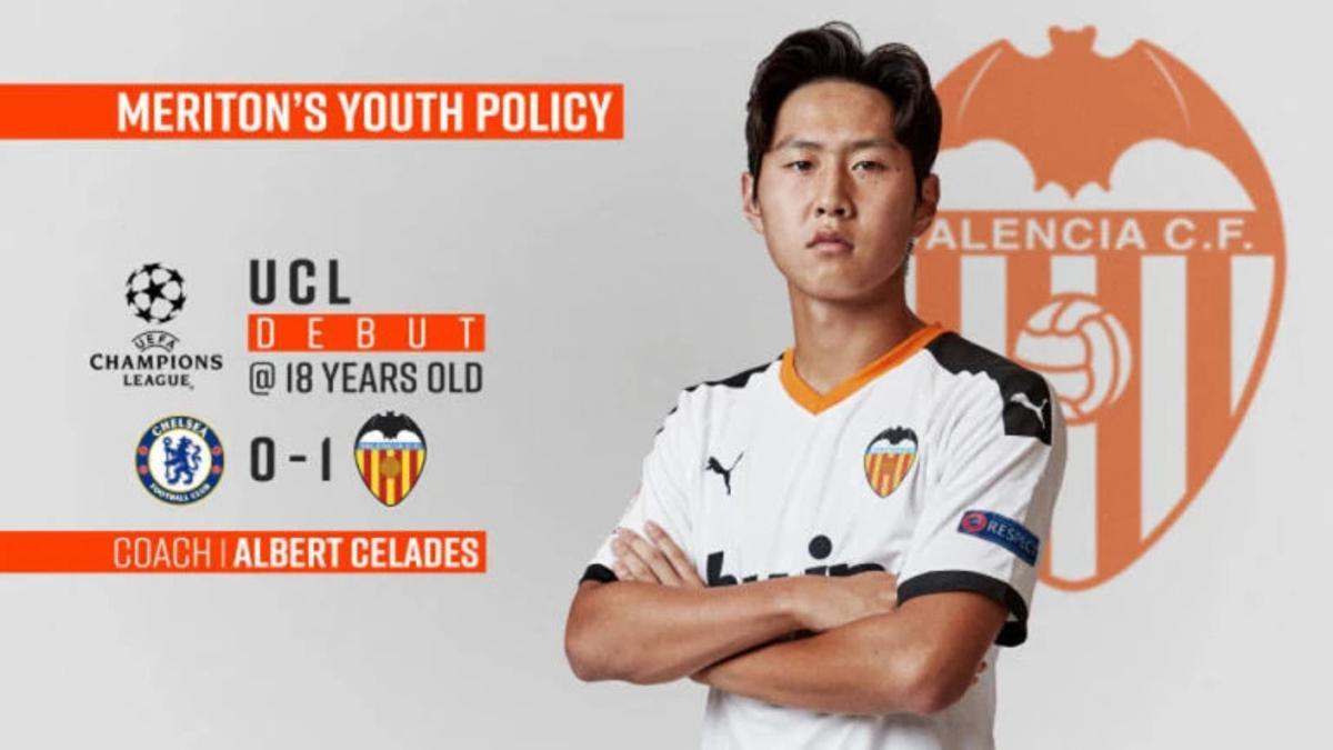Kang In debutó en la Champions con el Valencia en el estaadio del Chelsea, donde se ganó con gol de Rodrigo en 2019
