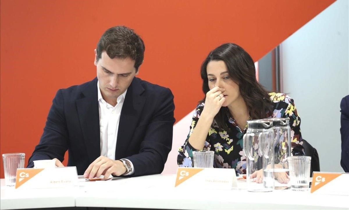 Rivera y Arrimadas, en la reunión del comité ejecutivo de Ciudadanos del pasado  lunes.